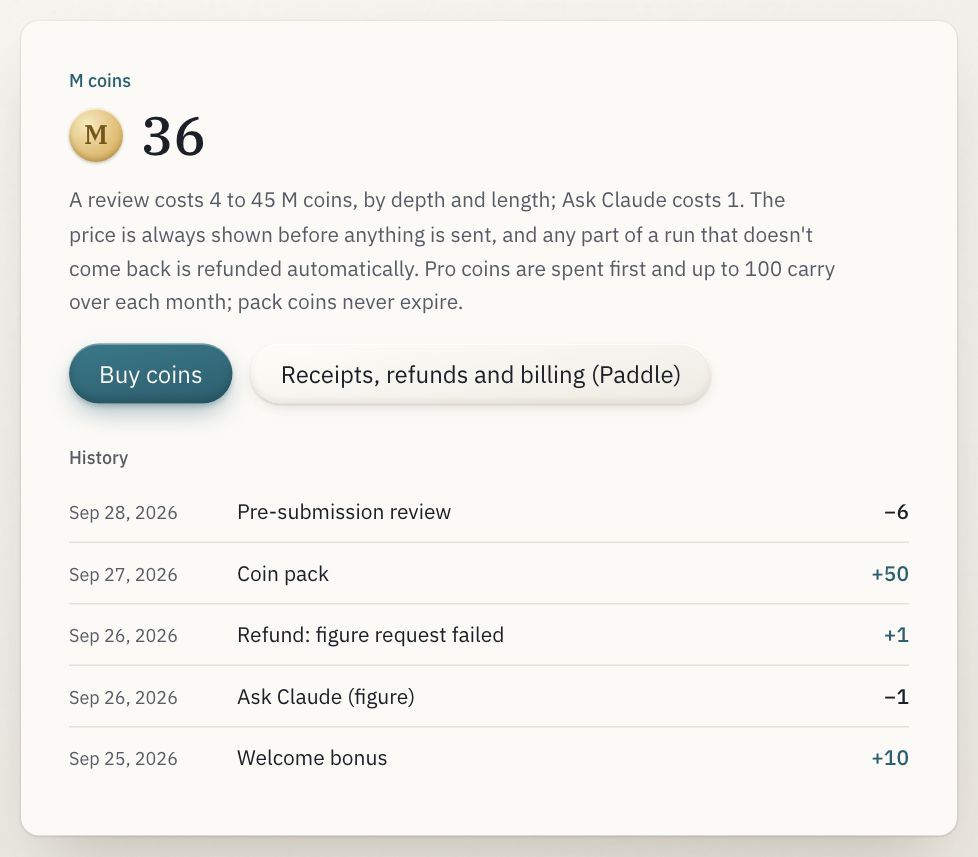 The account page: the balance and the coin history