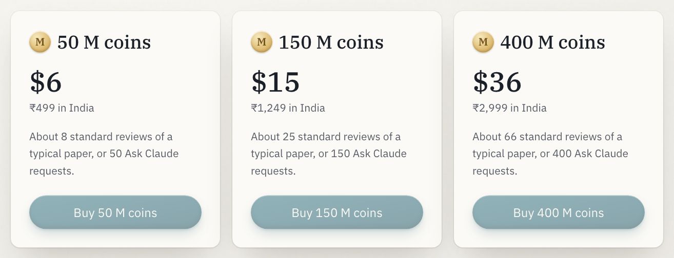 The three coin packs, each with its price and a Buy button