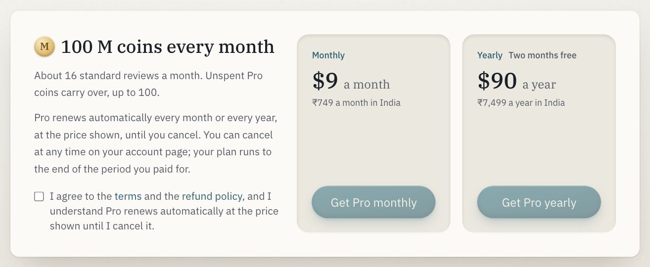 Pro: 100 M coins a month, monthly or yearly