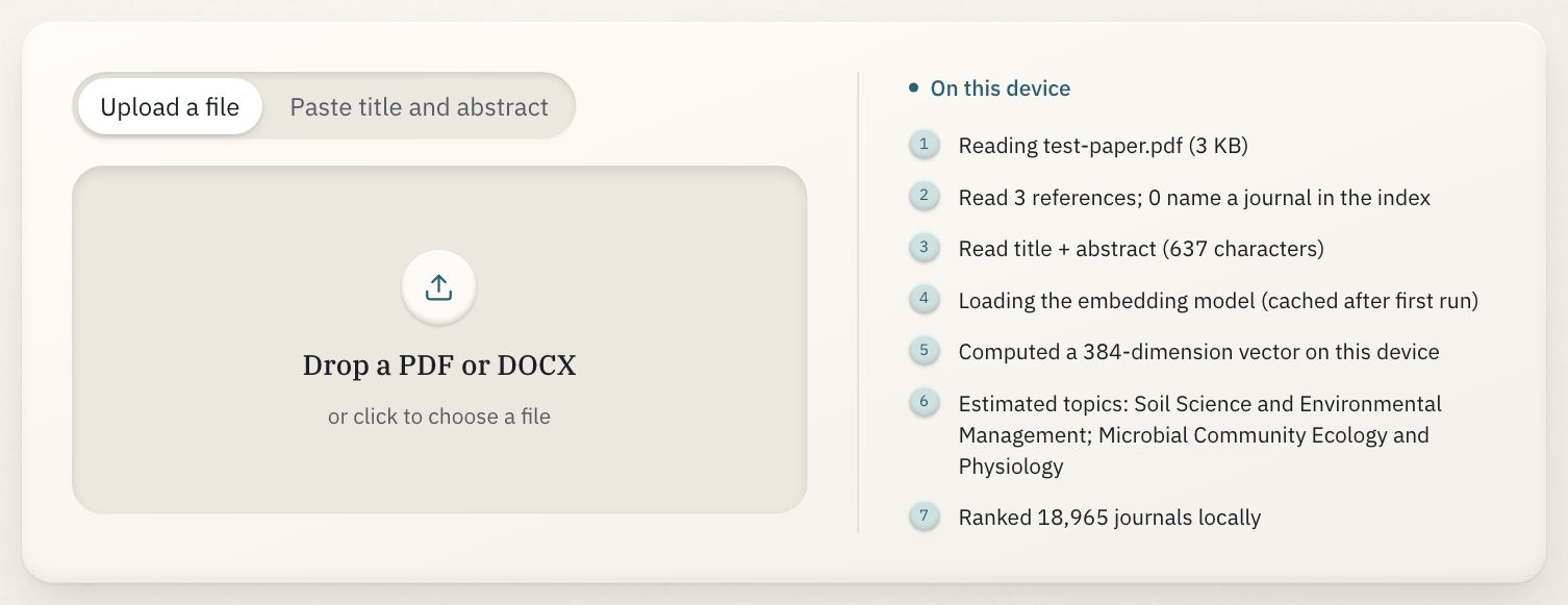 The match page's input: two ways in, a drop area, and the steps run on the device