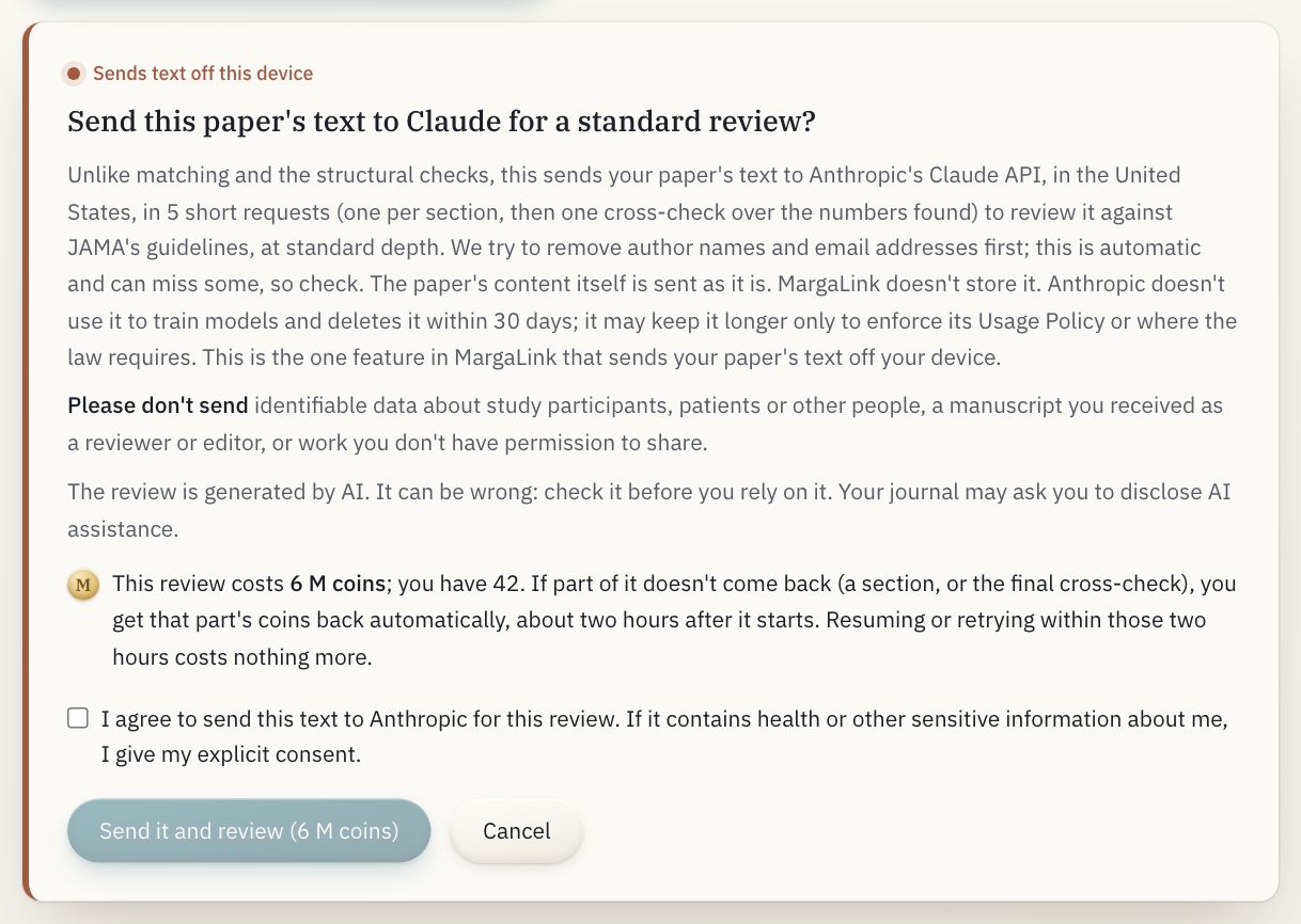 The notice before a review: what would be sent, and the send and cancel buttons