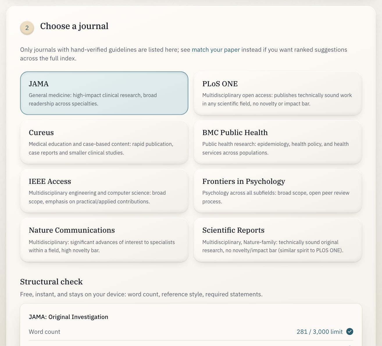 Step 2: the journal cards, one chosen, and the structural check below