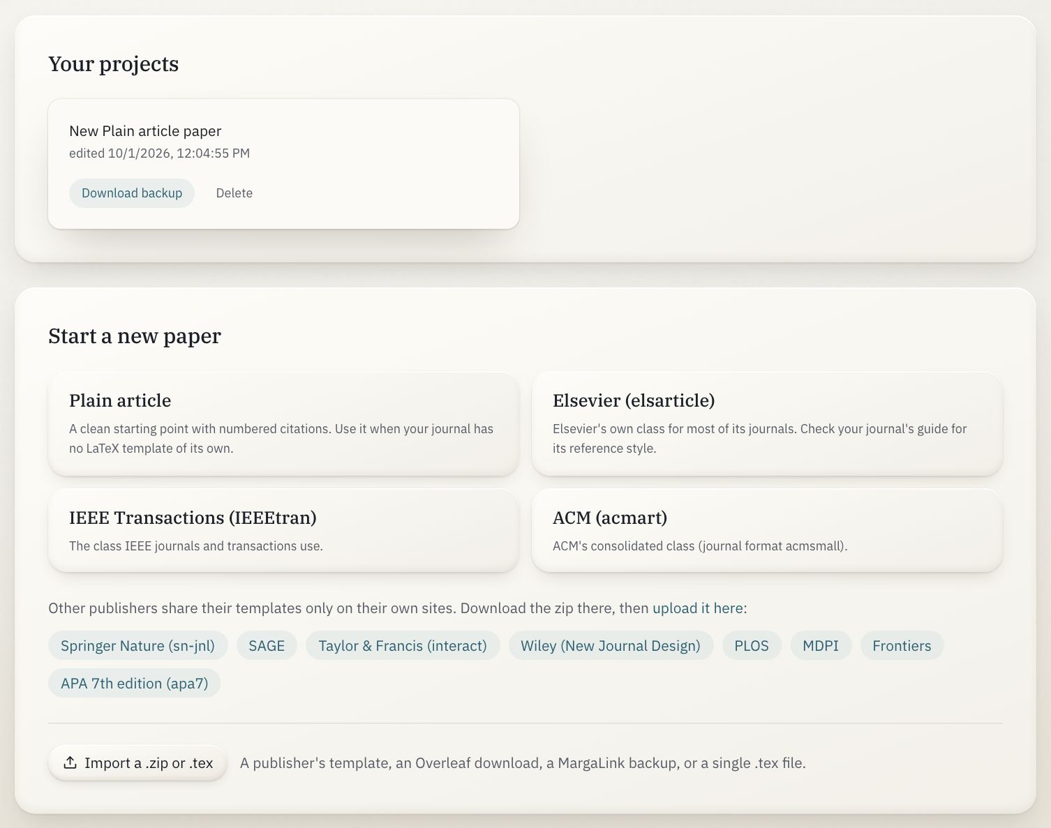 The project list and the templates to start from